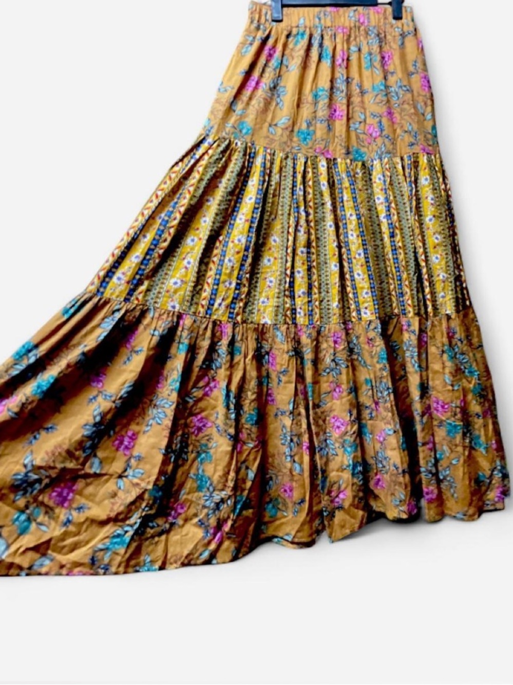 Easel Bohemian Mustard Floral Tiered Maxi Skirt